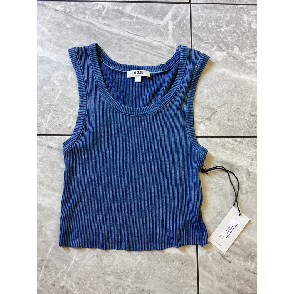 AGOLDE Cropped Poppy Tank Indigo Blue Ribbed Scoop Neck Top A7225-1606 Small